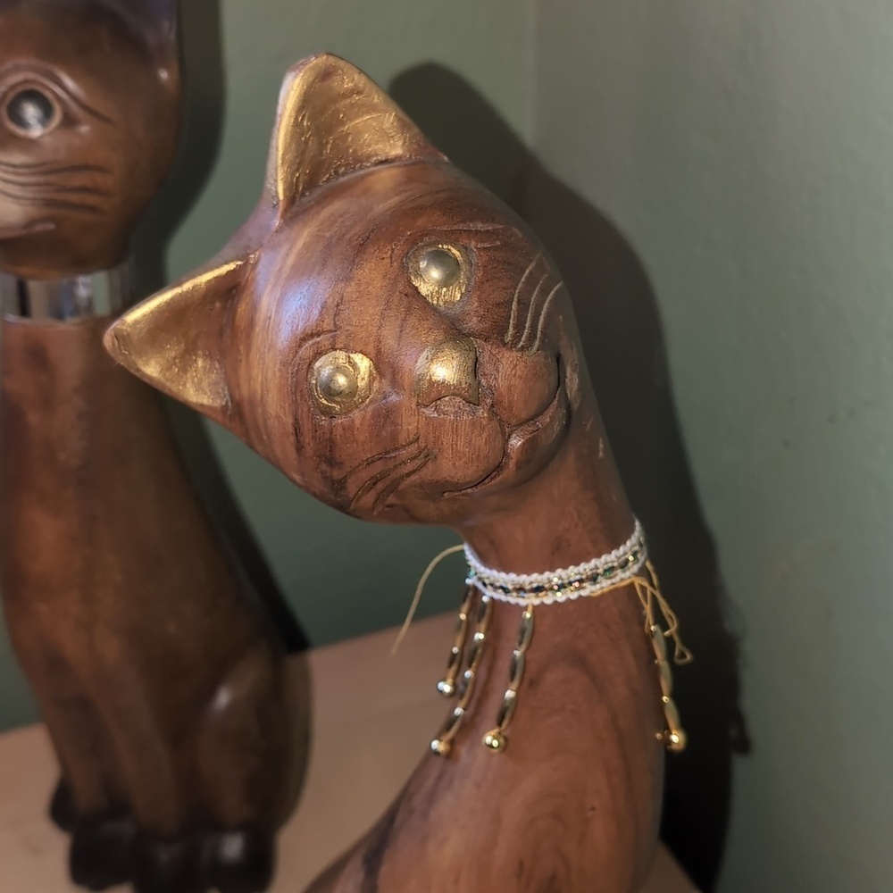 Pair Of Two MCM Wooden Siamese Cat Figurines - Picture 7 of 12